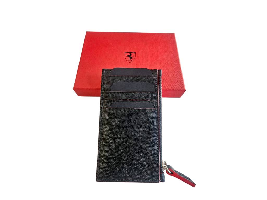 Ferrari - Saffiano Zippered Credit Card Holder Black - Genuine Product