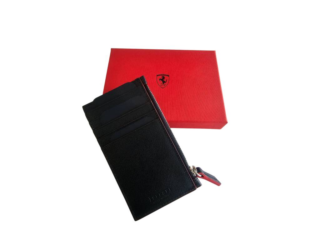 Ferrari - Saffiano Zippered Credit Card Holder Black - Genuine Product