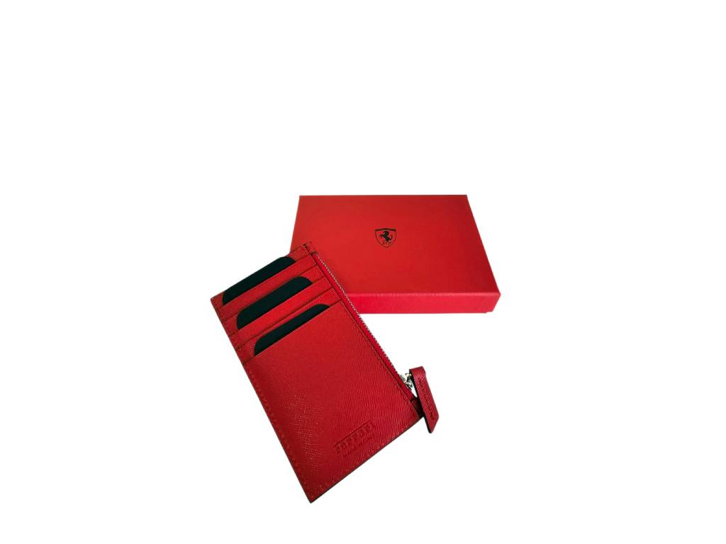 Ferrari - Saffiano Zippered Credit Card Holder Red - Genuine Product